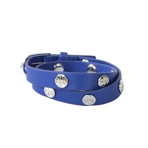 Tory Burch Blue Leather Wrap Bracelet with Silver Accents